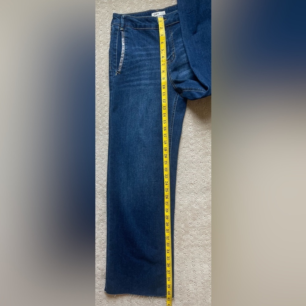OAT‎ New York High Rise Wide Leg Denim Trouser, Rhinestone Detail, Raw Hem, Sz 2 - Picture 13 of 16